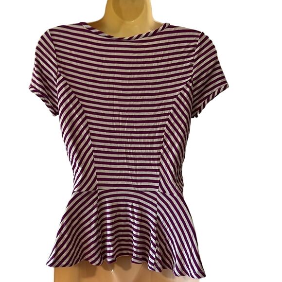 Elle Purple & White Knit Peplum Top Blouse Woman Size XS Striped Y2K Vibe - Picture 3 of 10